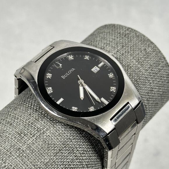 Bulova Watch Men 40mm Black Dial Date Stainless SteelDiamond Accents New Battery - Picture 1 of 12